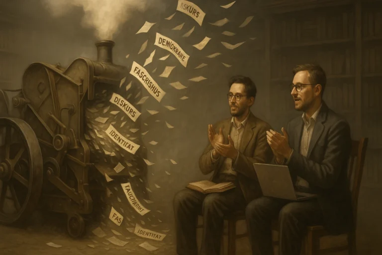 Eine alte Dreschmaschine speit Papierfetzen mit Schlagwörtern wie Demokratie, Faschismus und Diskurs aus – ironische Darstellung der Phrasenproduktion moderner Soziologie.