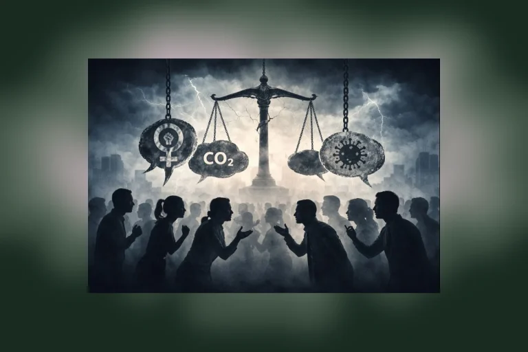 Symbolbild ernste Diskussion zwischen Frauen und Männern über Ideologien wie Klimawandel, Corona und Feminismus